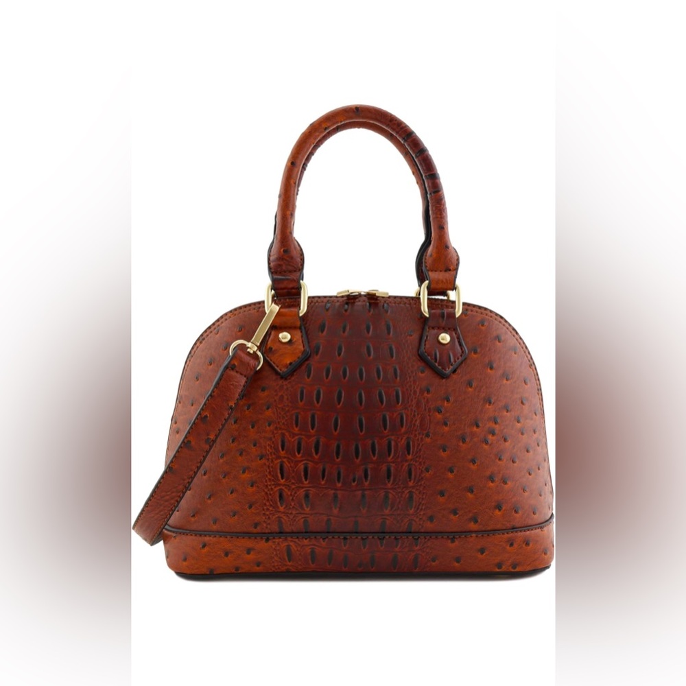 Ostrich Brown Zip-Around Saffiano Classic Dome Satchel